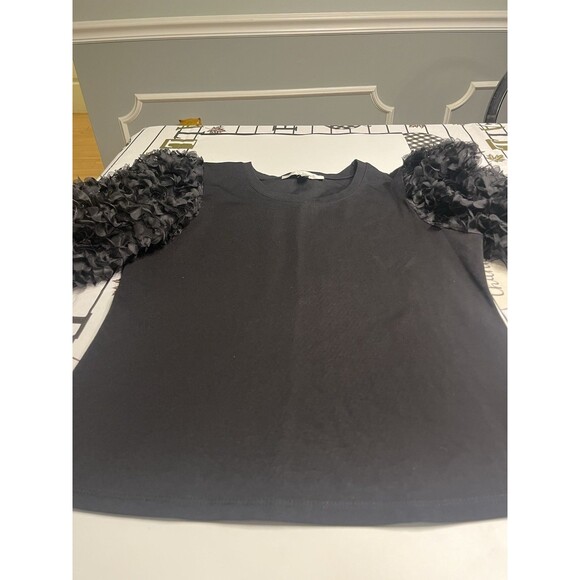 Anthropologie Flat Black Ruffle Puff Sleeve Pullover Shirt Top Women’s Sz S - Picture 3 of 12